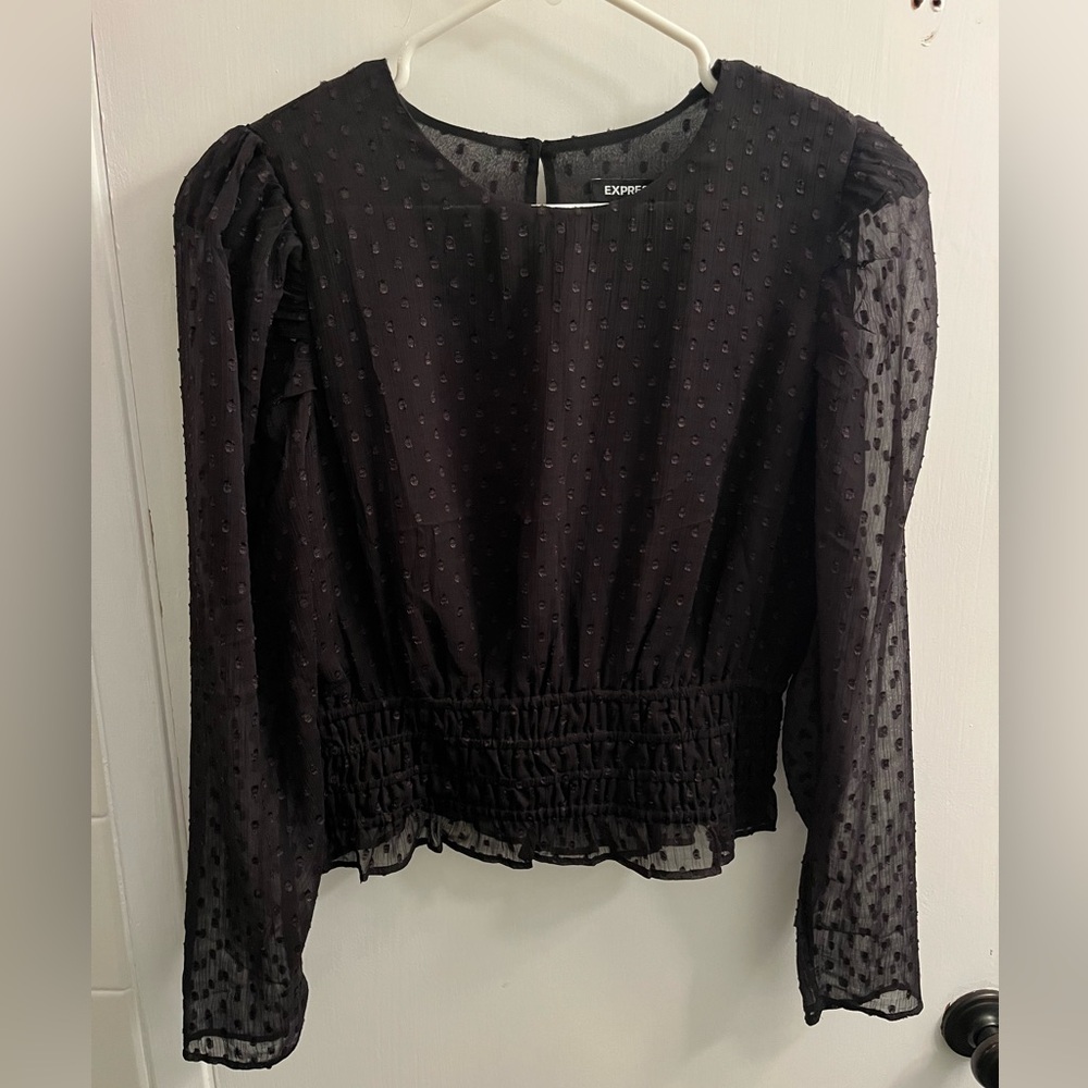 Express Black Dots Smocked Peplum Puff Sleeve Blouse